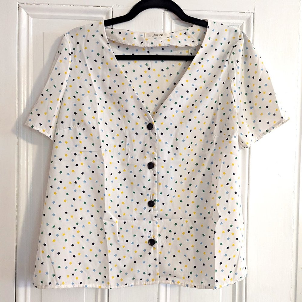 Jessy B Button-Up Shirt, White/Multicolored, Medium (Modcloth)